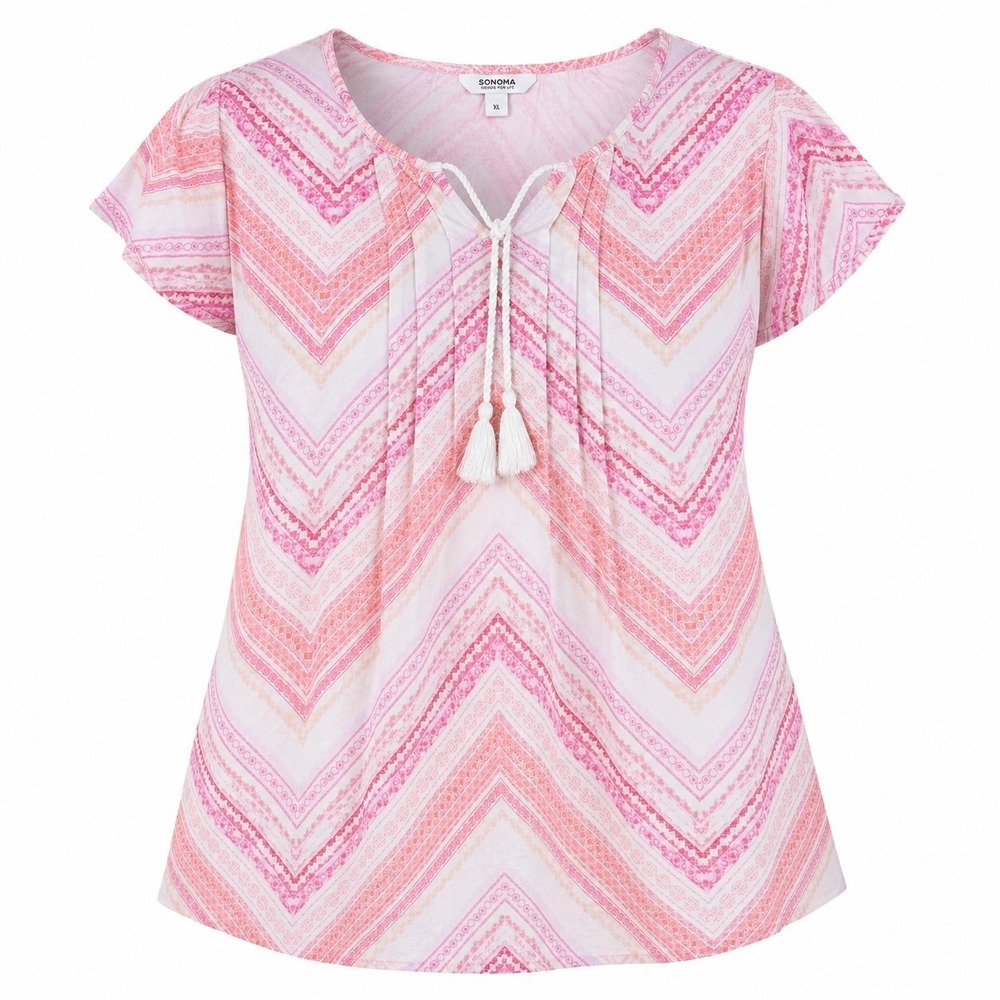 Sonoma Goods For Life XL Pink Chevron Peasant‎ Top Tassel Tie Rayon Boho Blouse